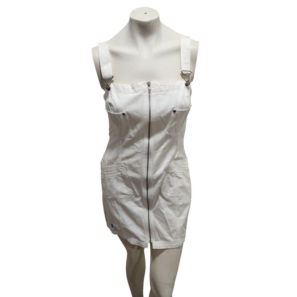 Naf Naf White Denim Zip Front Mini Dress EU 40 Cotton Fitted Pinafore